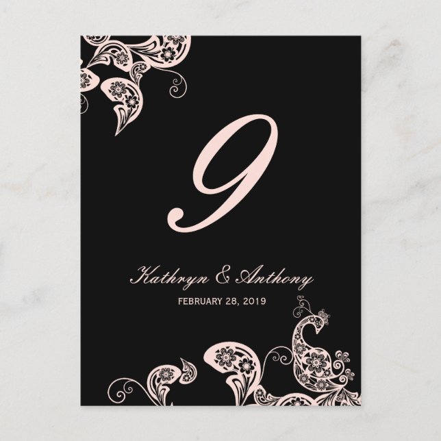Pink Peacock Floral Paisley Wedding Table Number Postcard (Front)