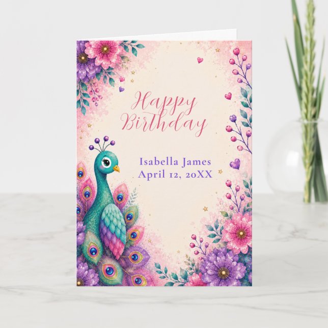 Pink Peacock Happy Birthday Card (Front)