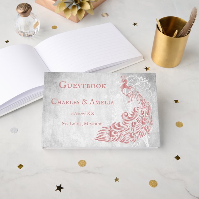 Pink Peacock Leaf Vine Wedding Guestbook (Front Open)