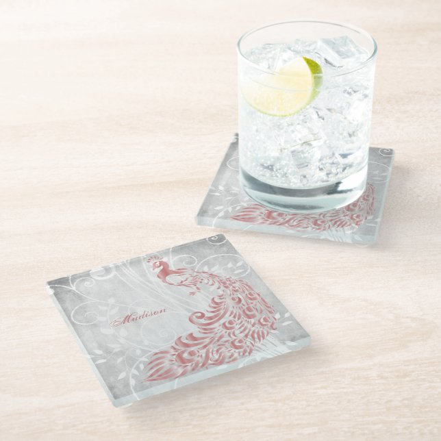 Pink Peacock Personalised Glass Coaster (Angled)