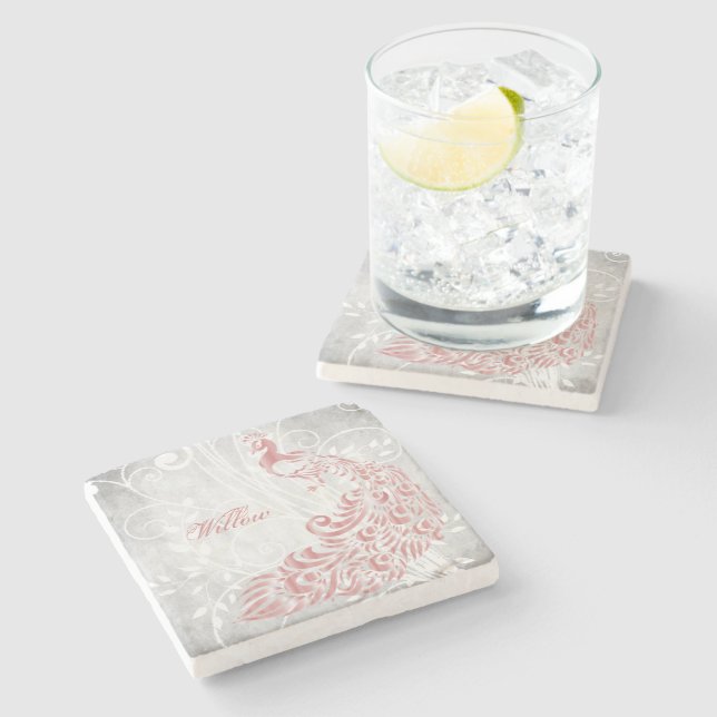 Pink Peacock Personalised Stone Coaster (Side)