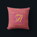 Pink Peacock Quatrefoil MONOGRAM Gold Wedding Cushion<br><div class="desc">Add the bride and grooms first name initials (small letters) and their joint married surname initial (large letter) to create a stylish monogram gift for the newlywed couple. The colour here is pink peacock with gold lettering,  calligraphy style. The pattern is a classic quatrefoil,  Moroccan style design.</div>