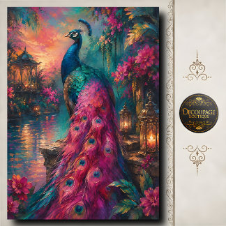 Pink Peacock Sunset Garden Decoupage Tissue Paper