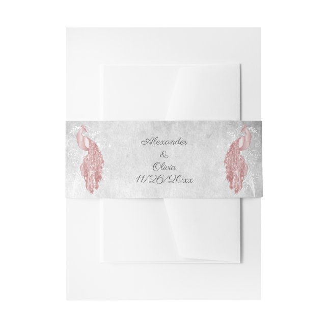 Pink Peacock Wedding Invitation Belly Band (Front Example)
