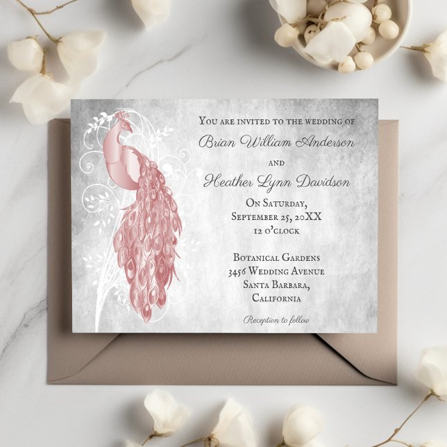 Pink Peacock White Botanical Wedding Invitation (Pink Peacock Wedding Invitation)