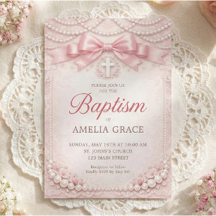 Pink Pearl Baptism Invitation Design Satin Bow