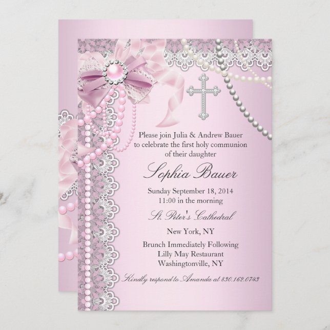 Pink Pearl Bow Cross Holy Communion or Baptism Invitation (Front/Back)