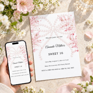 Pink pearl bow florals Sweet 16 Invitation