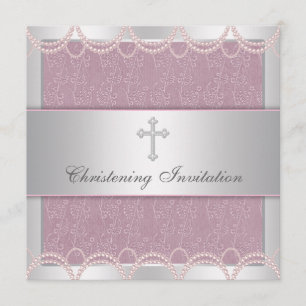 Pink Pearl Cross Baby Girl Baptism Christening Invitation