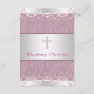 Pink Pearl Cross Baby Girl Baptism Christening Invitation