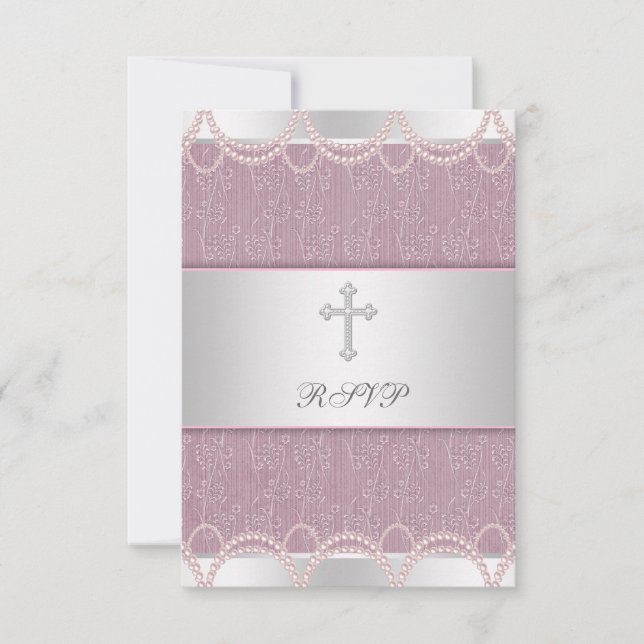 Pink Pearl Cross Baby Girl Baptism Christening RSV RSVP Card (Front)