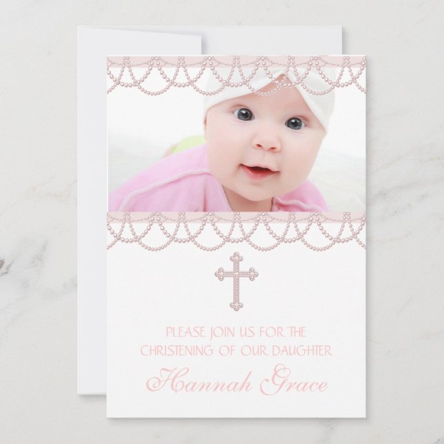 Pink Pearl Cross Baby Girl Photo Christening Invitation (Front)