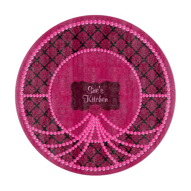 Pink Pearl Damask-Round Glass Cutting Board (Front)
