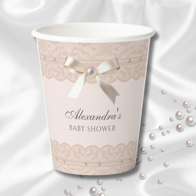 Pink Pearl Satin Bow Regency Lace Baby Shower Paper Cups (Creator Uploaded)