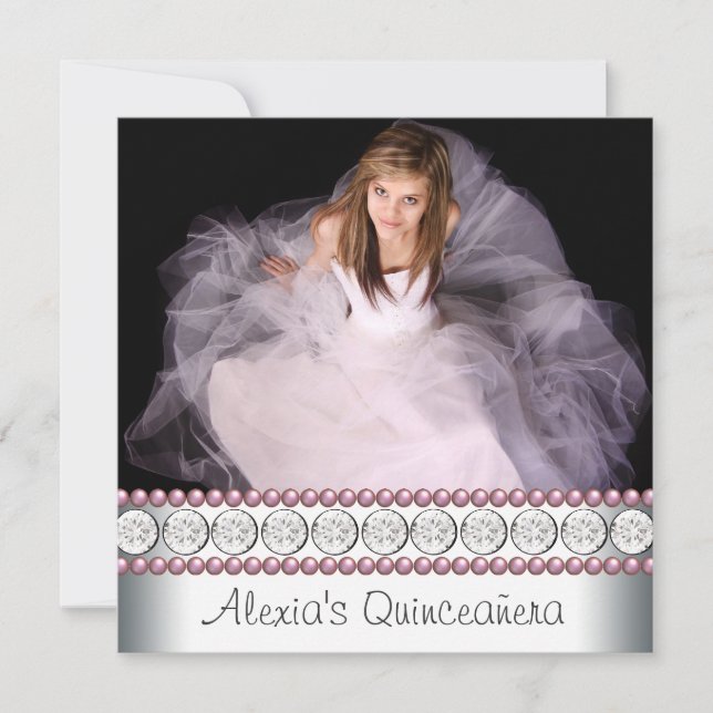 Pink Pearl White Pink Photo Quinceanera Invitation (Front)