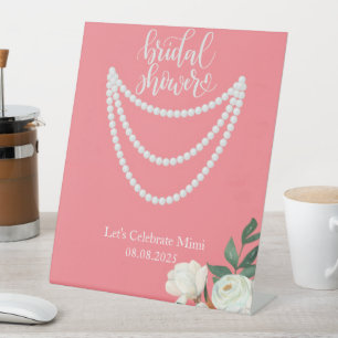 pink pearls bridal shower pedestal sign