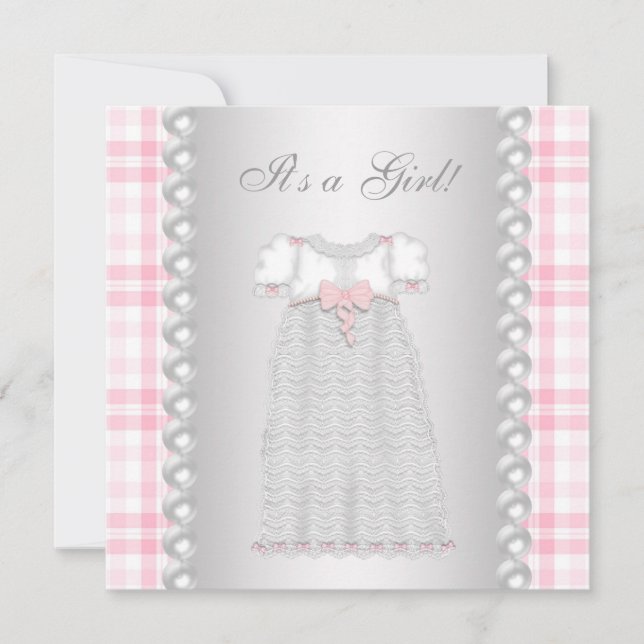 Pink Pearls Dress Pink Gingham Baby Girl Shower Invitation (Front)