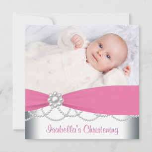 Pink Pearls Girls Pink Photo Christening Invitatio Invitation