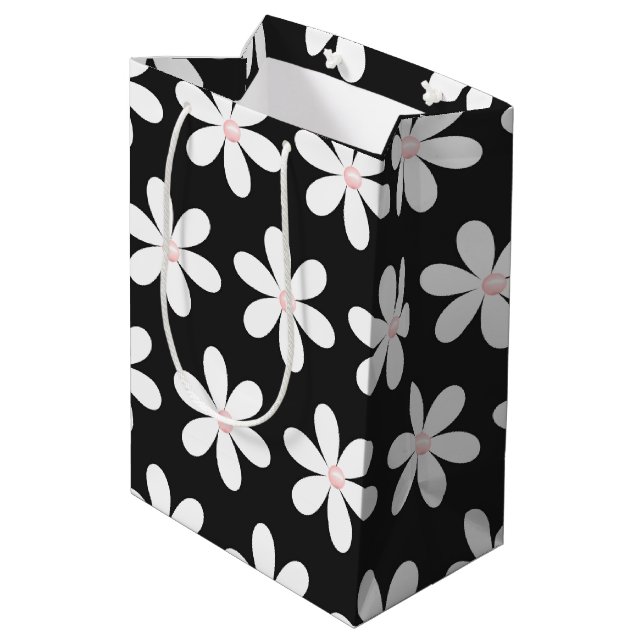 Pink Pearls in Daisies on Black Medium Gift Bag (Back Angled)