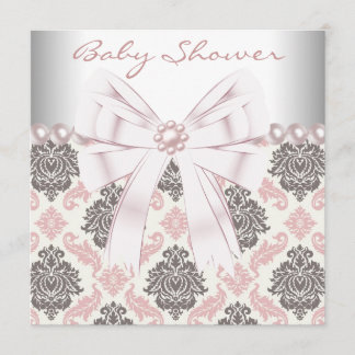 Pink Pearls Pink Brown Damask Baby Girl Shower Invitation