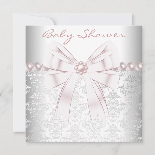 Pink Pearls Pink Damask Baby Girl Shower Invitation (Front)