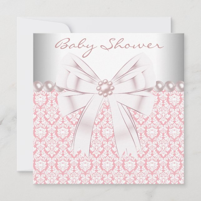 Pink Pearls Pink Damask Baby Girl Shower Invitation (Front)