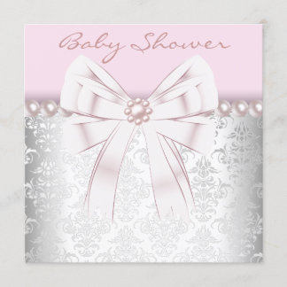 Pink Pearls Pink Damask Baby Shower Invitation