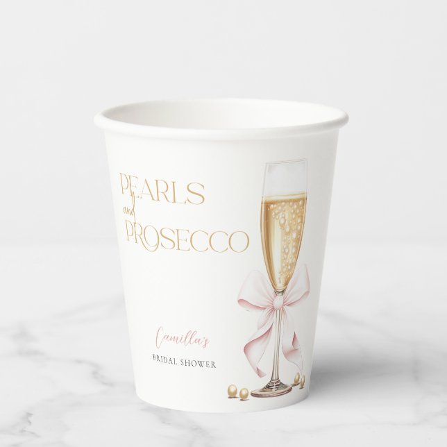 Pink Pearls & Prosecco Bow Bridal Shower Paper Cups (Front)