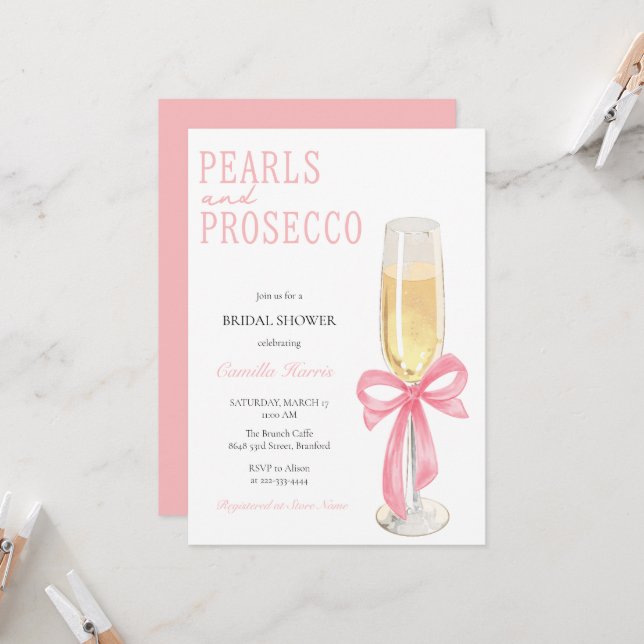 Pink Pearls & Prosecco Minimal Bridal Shower Invitation (Front/Back In Situ)