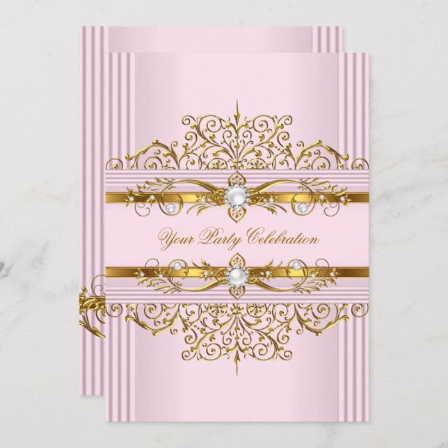 Pink Pearls White Gold Elegant Birthday Party Invitation (Front/Back)