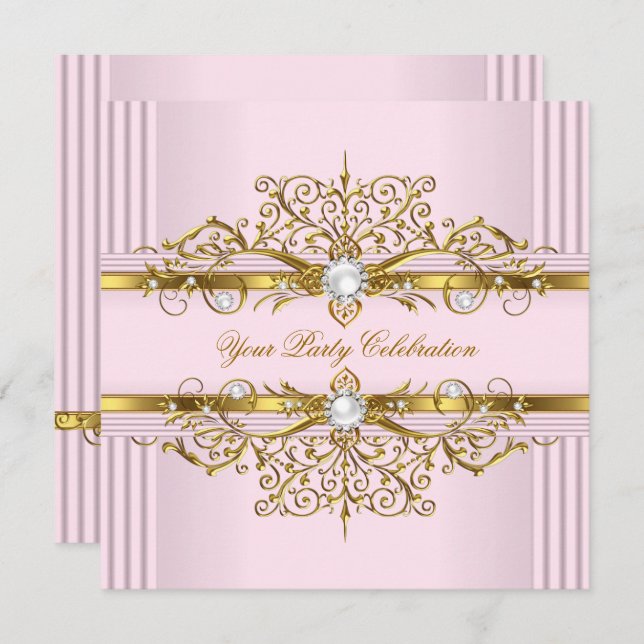 Pink Pearls White Gold Elegant Birthday Party Invitation (Front/Back)