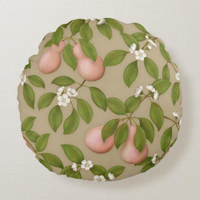 Pink Pears (light brown) Round Cushion (Front)