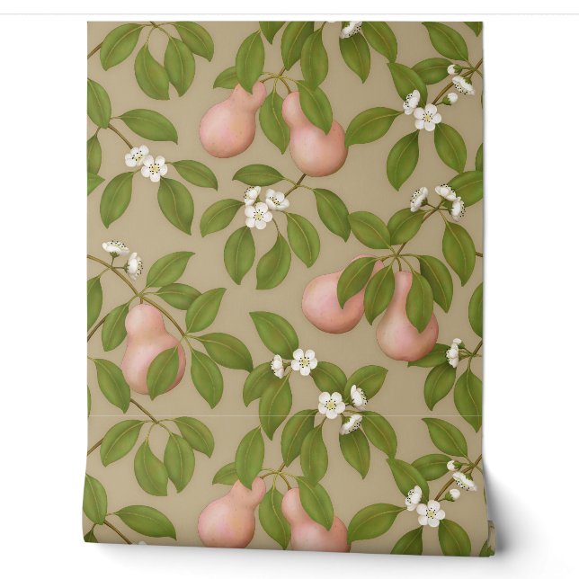Pink Pears (light brown) Wallpaper (Unrolling)