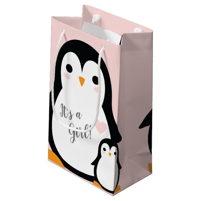 Pink Penguin Baby Shower Small Gift Bag (Back Angled)