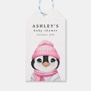 Pink Penguin Winter Baby Shower Gift Tags