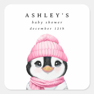 Pink Penguin Winter Baby Shower Square Sticker