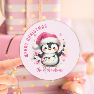 Pink Penguin with Lights Family Name Christmas Classic Round Sticker