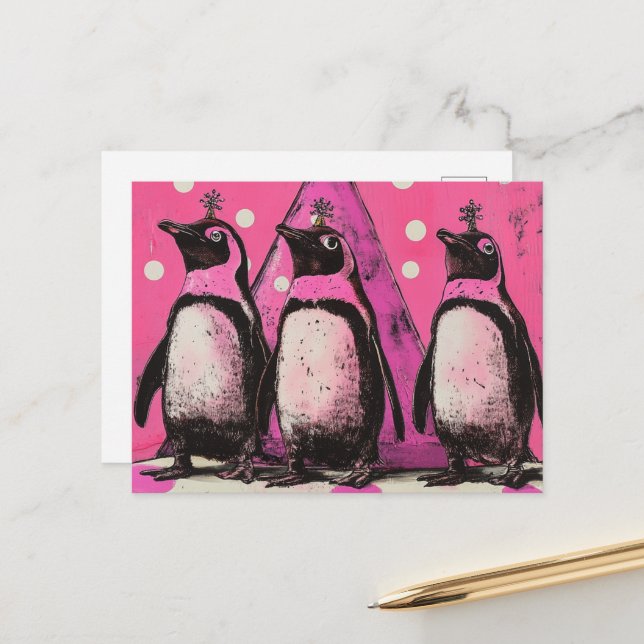 Pink Penguins Postcard (Front/Back In Situ)