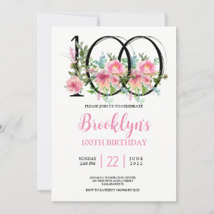 Pink Peonies 100th Birthday Invitation