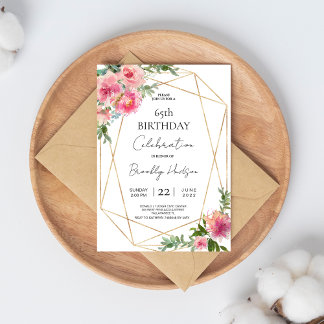 Pink Peonies 65th Birthday Invitation