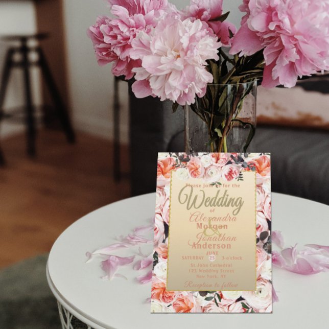 Pink Peonies And Eucalyptus Leaves Bouquet Wedding Invitation (Creator Uploaded)