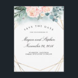 Pink Peonies and Gold Frame Modern Save the Date Announcement Postcard<br><div class="desc">Greenery and blush pink flowers watercolor save the date postcards</div>