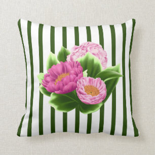 Pink Peonies and Green Stripes Throw Pillow