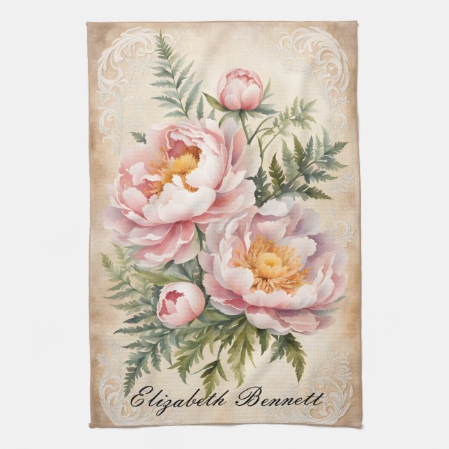 Pink Peonies and Lace Tea Towel (Vertical)