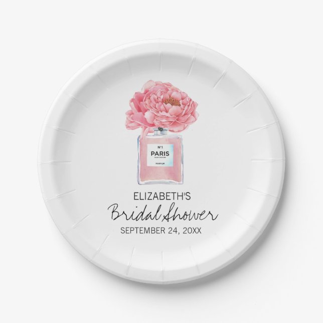 Pink Peonies and Perfume Floral Bridal Shower Paper Plate (Front)