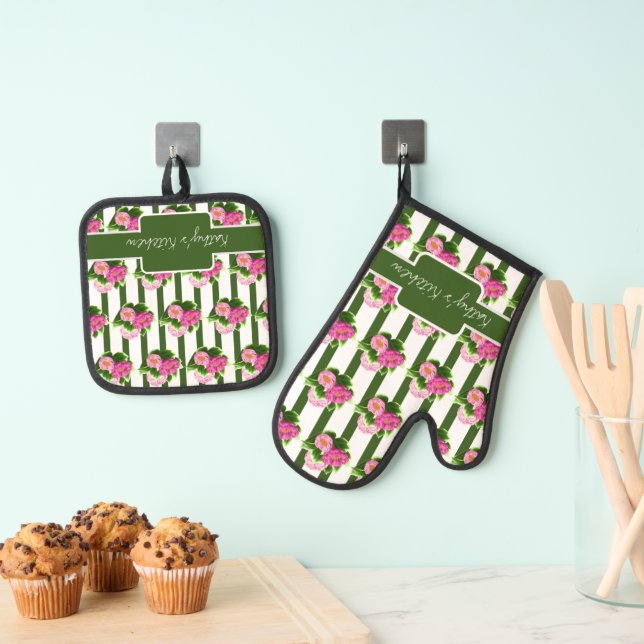 Pink Peonies and Stripes Oven Mitt & Pot Holder Set (Insitu(Hanging))
