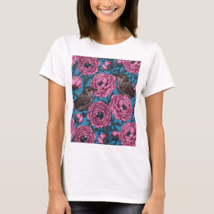 Pink peonies and wrens on blue T-Shirt