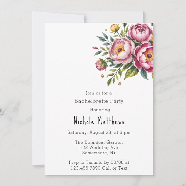 Pink Peonies and Yellow Floral Bachelorette Party Invitation (Front)