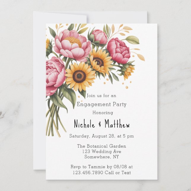 Pink Peonies and Yellow Floral Engagement Party Invitation (Front)