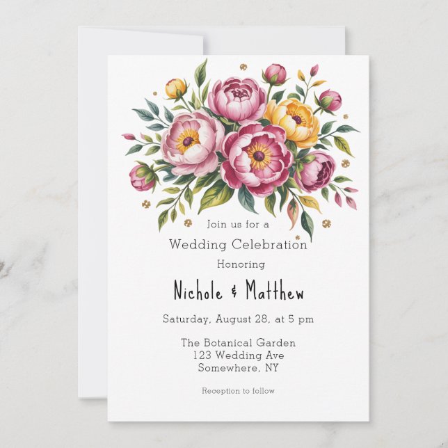 Pink Peonies and Yellow Floral Wedding Celebration Invitation (Front)